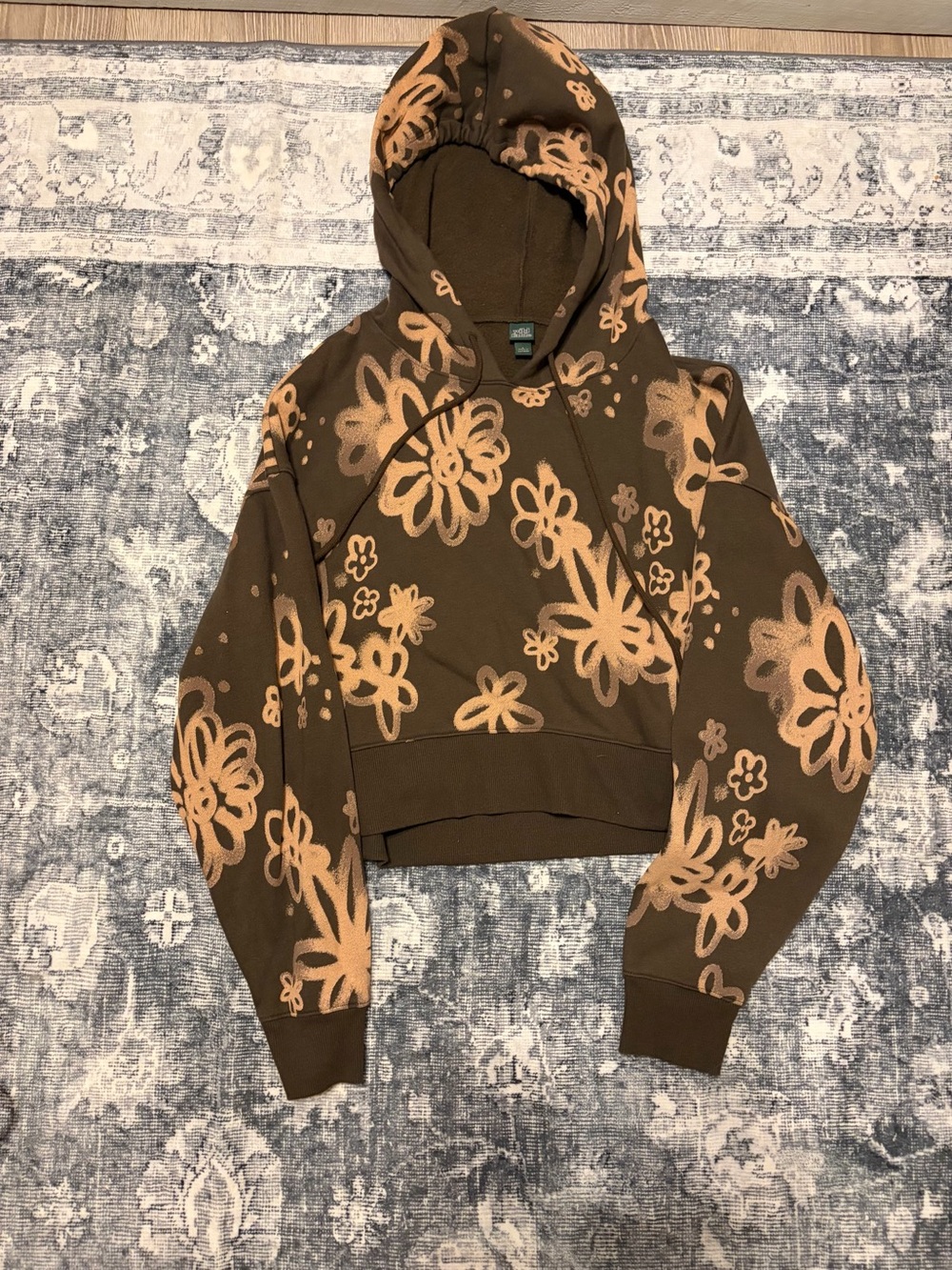 wild fable Brown Hooded Cropped Sweatshirt with Peach Floral Print - Picture 1 of 3